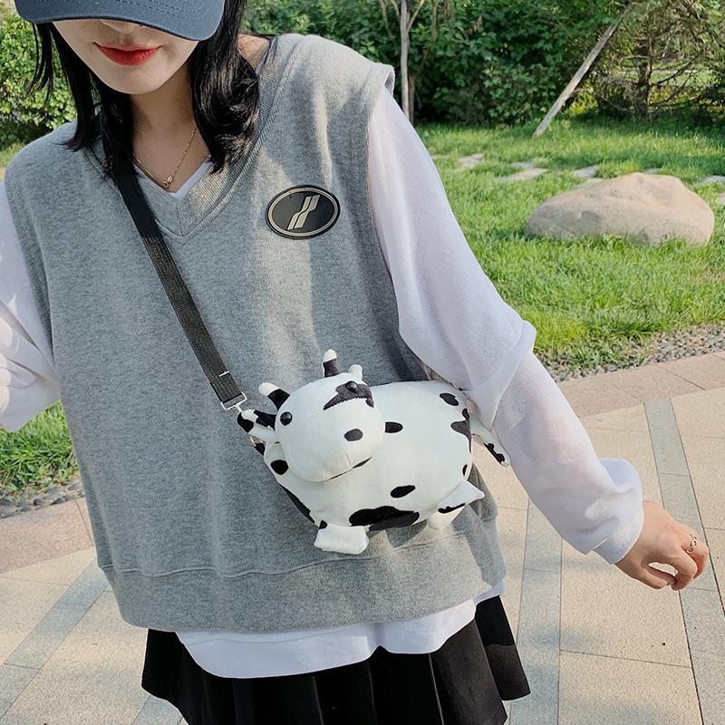 New Fashion Plush Shoulder Bag For Women Cute Cow Pattern Pink Color Small Size