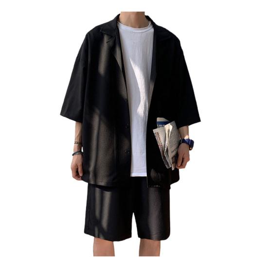 

Мужской костюм JK однотонный, свободного кроя, из двух частей, модный пиджак, шорты, костюм для повседневной жизни M чёрный