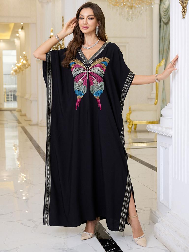 Womens Elegant Embroidered Butterfly Kaftan Dress V-Neck Side Slits Loose Fit Long Maxi Gown for Evening Parties Casual Chic Q1779-4160