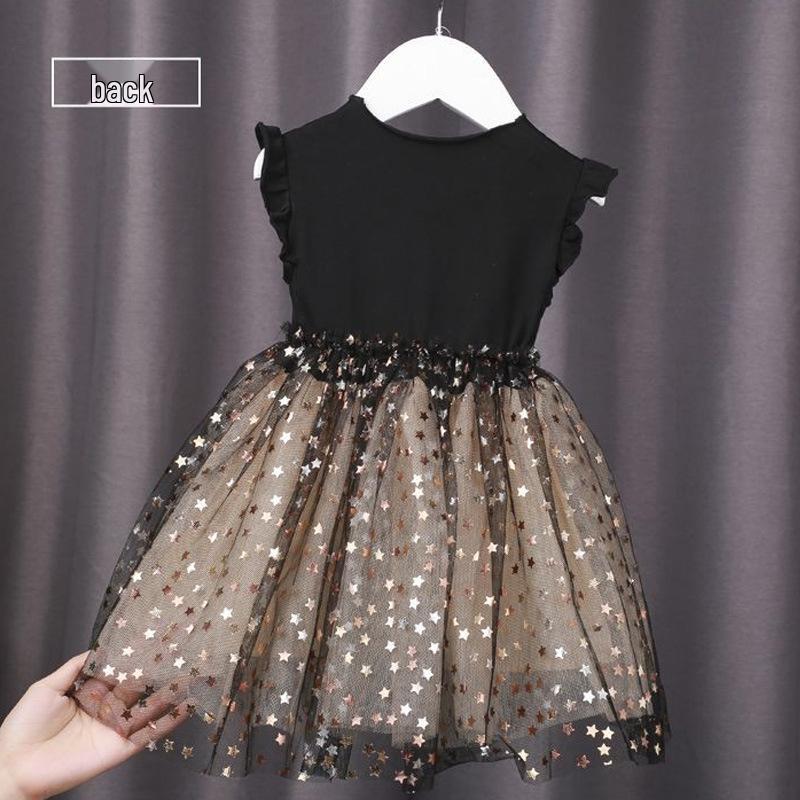 Neues Sommer-Prinzessinnenkleid für Mädchen, Schwarz, mit Sternen-Pailletten-Netz und Puffärmeln