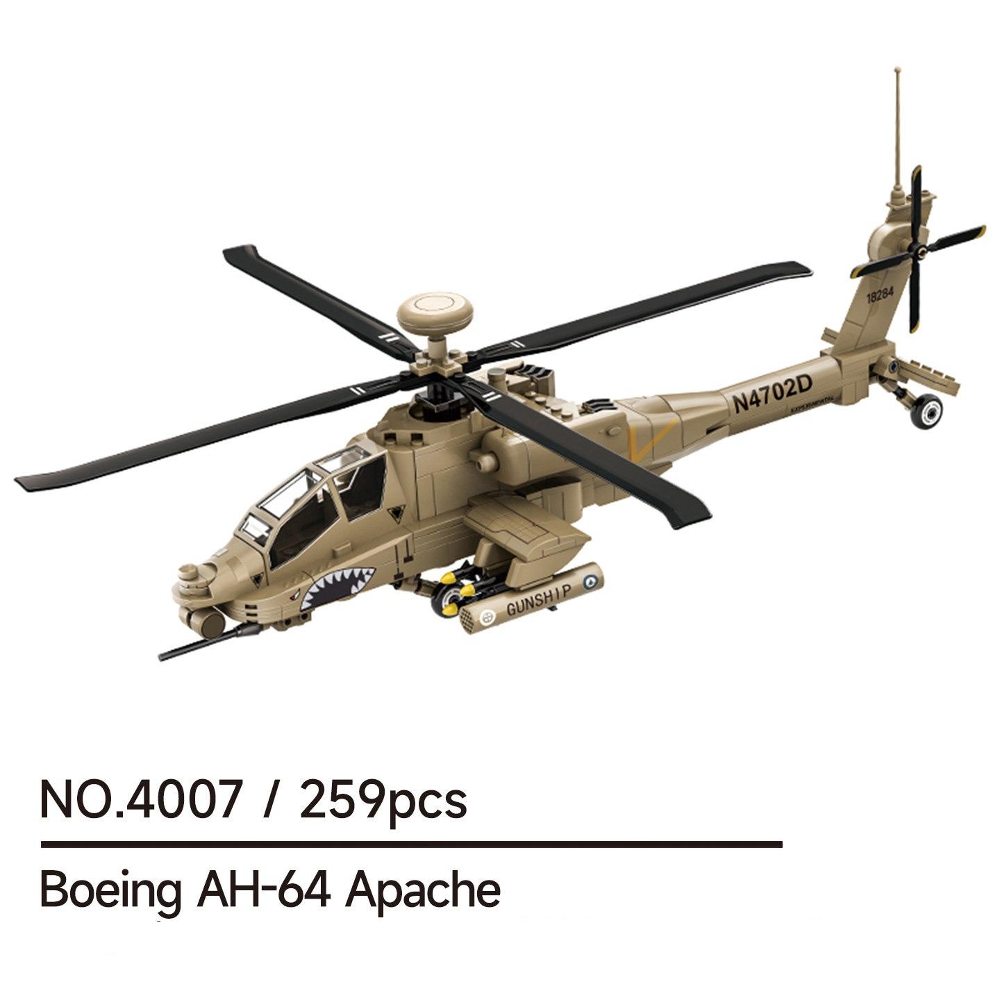 259Pcs First-Class Second-World-War Army-Inspired First-Class Equipment Boeing Ah-64-Apache High-Standard Apache-Helicopter First-Class Construction NO.4007