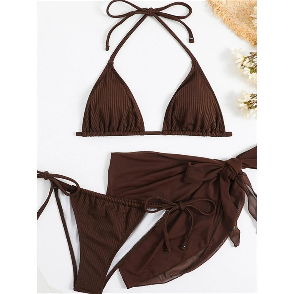 Bikini Set Donna Marrone Liscio Sexy Costine Scollo a Nodo Push Up Costume da Bagno con Gonna in Rete 2026 Donna Costume da Bagno Brasiliano Copricostume