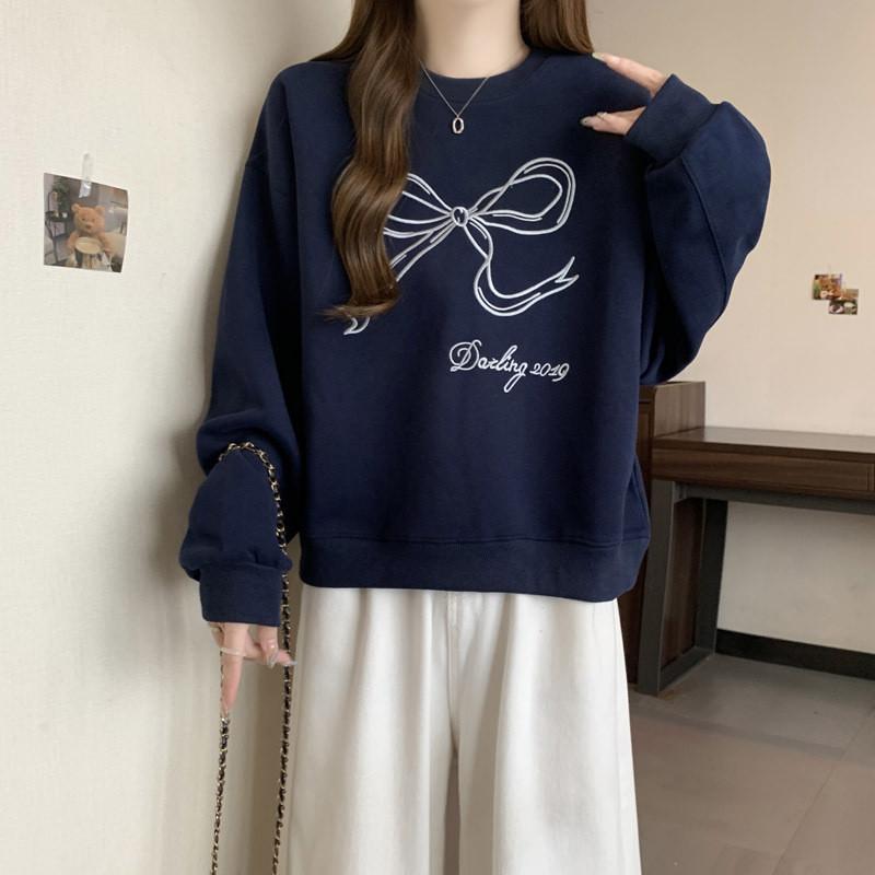 Womens Bow Embroidery Cotton Sweatshirt With 3d Design For Casual Wear