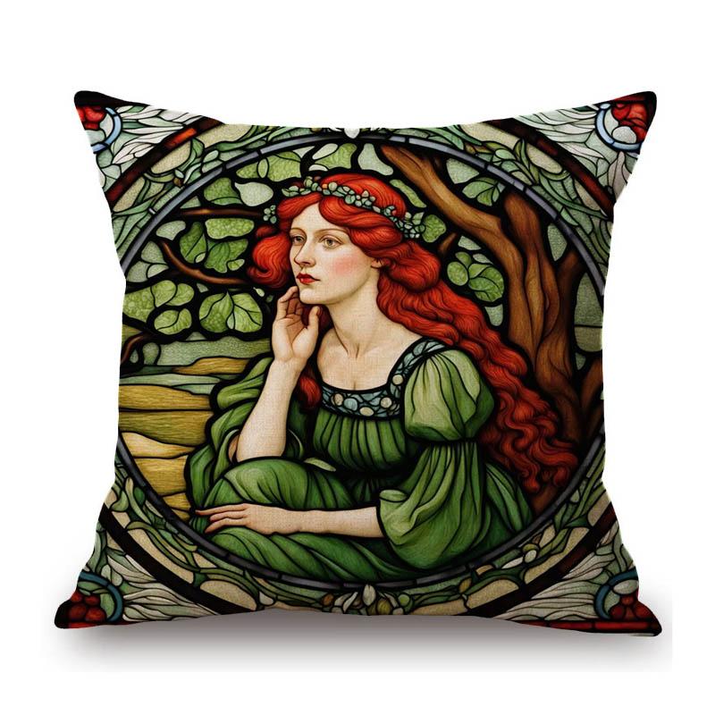 Renaissance Pre-Raphaelitism William Morris Round Stained Glass Window Elegant Lady Girl Decoration Pillow Case Cushion Cover