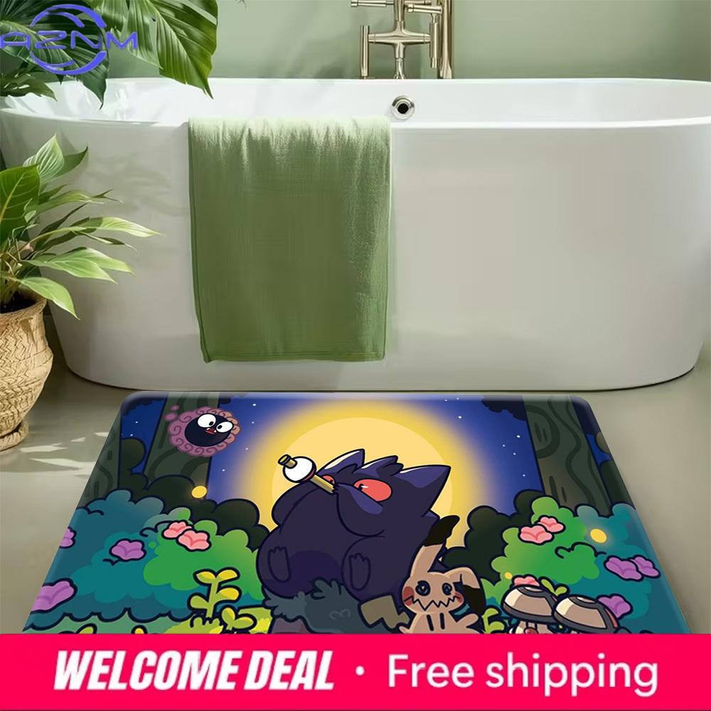 Pokemon Gengar Mimikyu Night Forest Cartoon Print Non-Slip Doormat, Absorbent Floor Mat for Home Decor