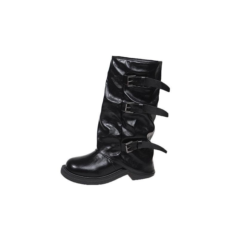 

Ретро пряжка ремня брюки сапоги женские 2025 осень и зима новые модели но высокие до колена рыцарские сапоги тонкие сапоги на меху 40 чёрный