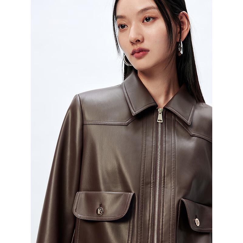 Peacebird Women's Maillard Style Lapel PU Leather Short Jacket
