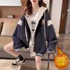 Baseball jersey women's long-sleeved velvet thickened cartoon loose and thin cardigan contrasting sweater women