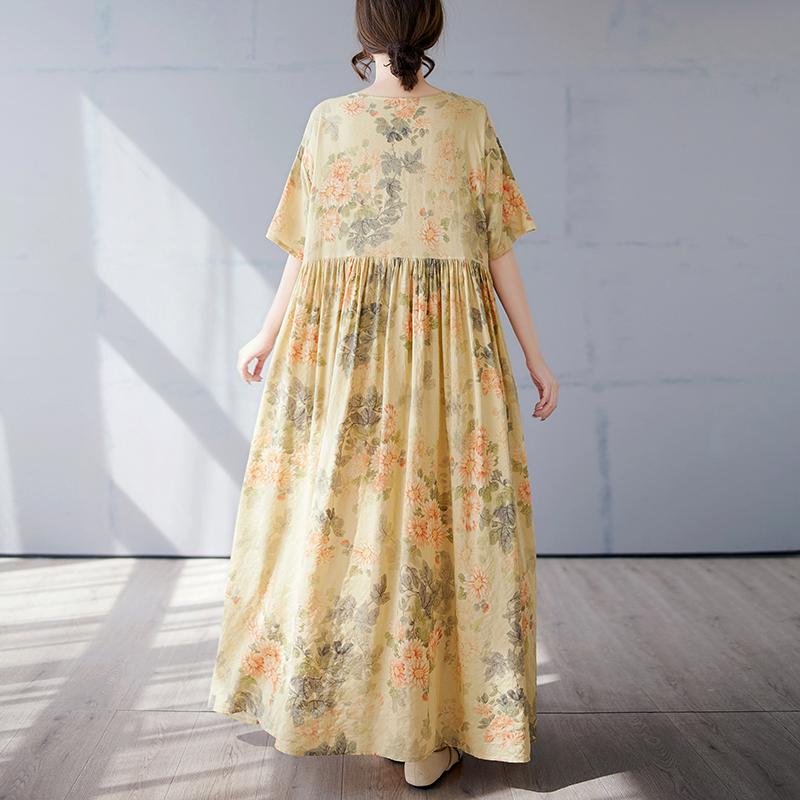 DIMANAF 2025 Summer Plus Size Dress Basic Women Vintage Casual Loose O-Neck Long Floral Printing Dress Maxi