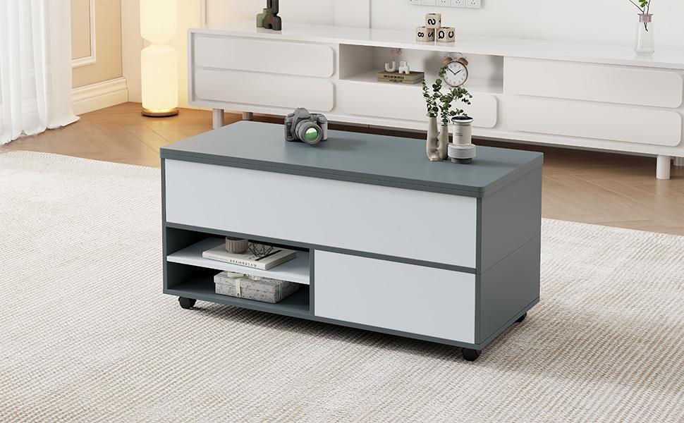 Mesa de centro regulable en altura de 100*98*65 cm con almacenamiento oculto, ruedas y cajones, mesa de comedor multifuncional, empalme gris-blanco