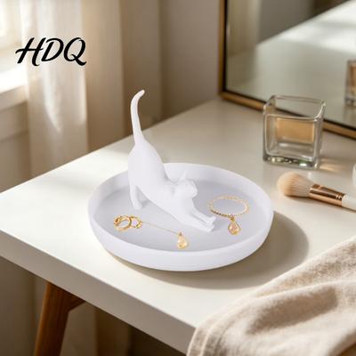 Cute Cat Storage Plate 3D Printed Jewelry Tray Desktop Organizer for Rings Elegant Base Earrings Kitten Decorative Dish Home Vanity Decor Black And