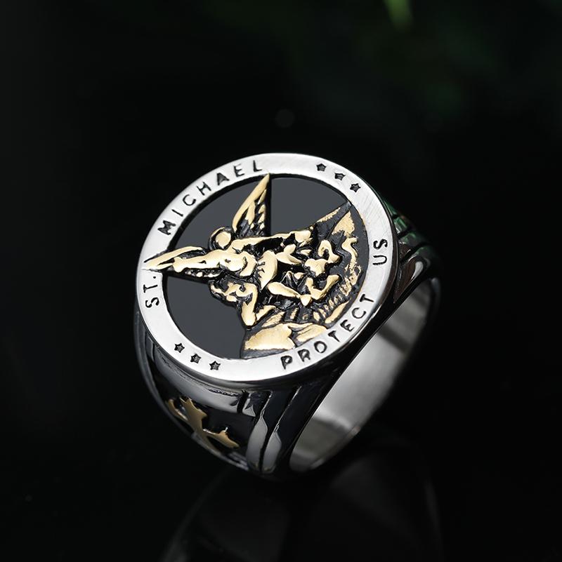 1/316L Stainless Steel St Michael Men Rings Religious Talisman Biker Ring Fashion Jewelry for Boys and Men