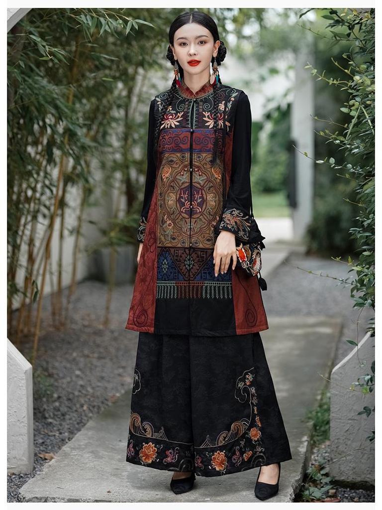 Damen Retro Floral Bestickte Lange Weste - Ärmelloser Ethno-Mantel