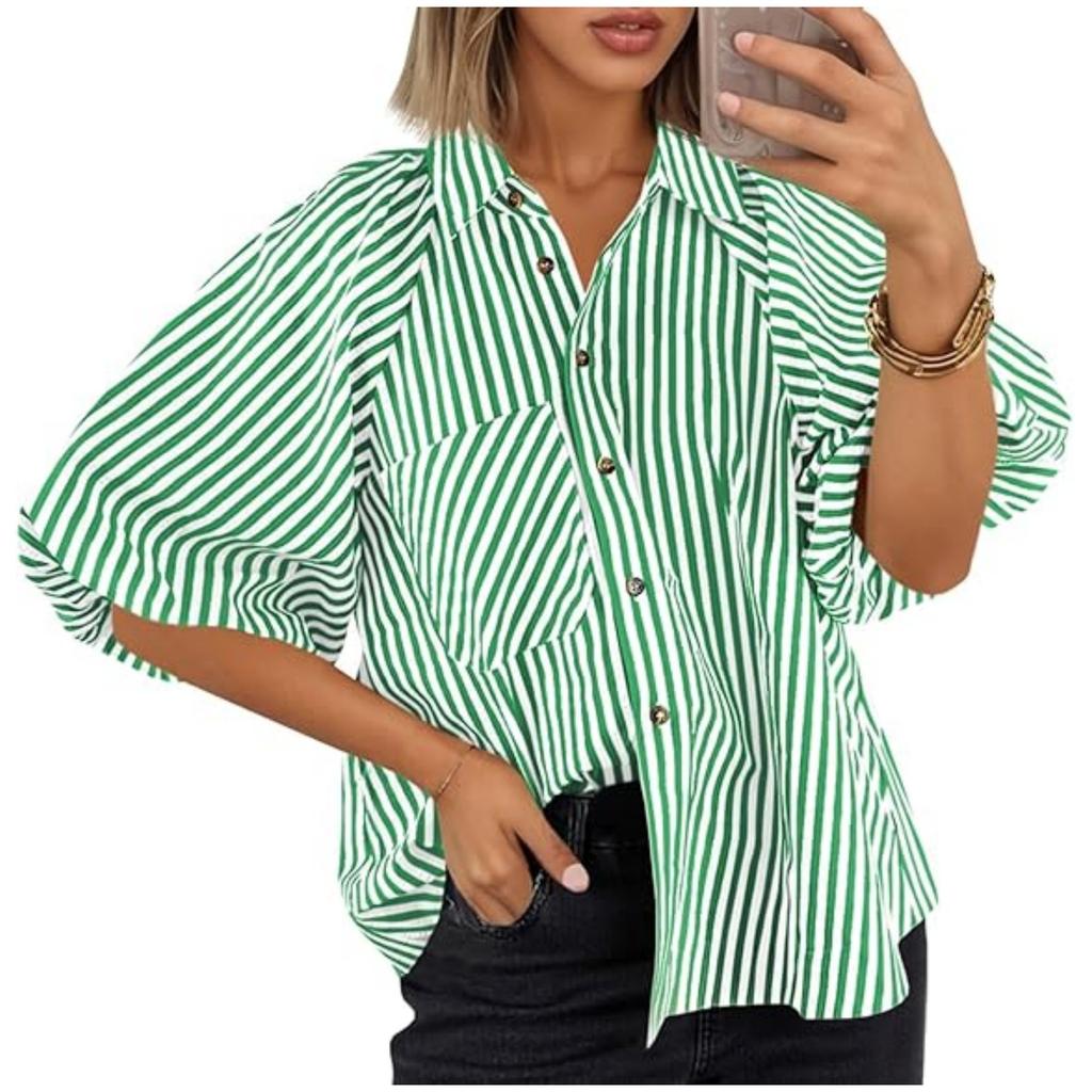 Women's Striped Fashionable Casual Loose Shirt With A Lapel Pocket Top