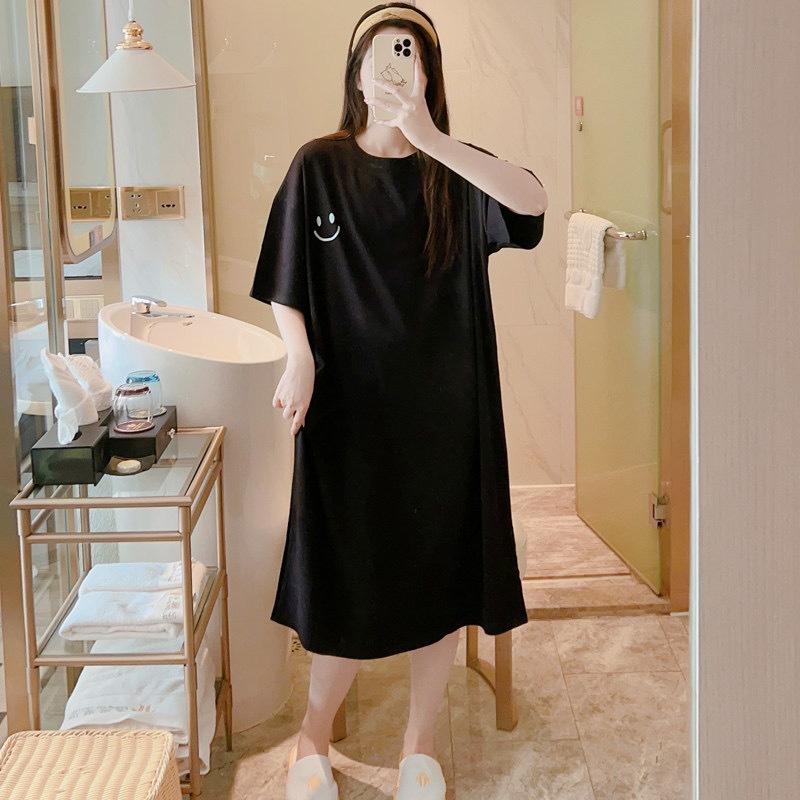 Women's Short-sleeved T-shirt Slit Dress Summer Mid-length Over The Knee Casual Dress Large Size Meat Mask Smiling Face Dress