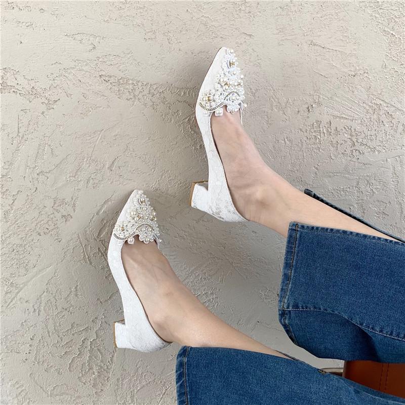 

Coarse Heel Single Shoes Women s Versatile Medium Heel Wedding Shoes Women s Girl Pointed Pearl Shoes 35 чорний