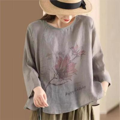 Vintage Floral Print Bandage Tops Women Blouses Chinese Style Seven Sleeve Spring Loose Shirts