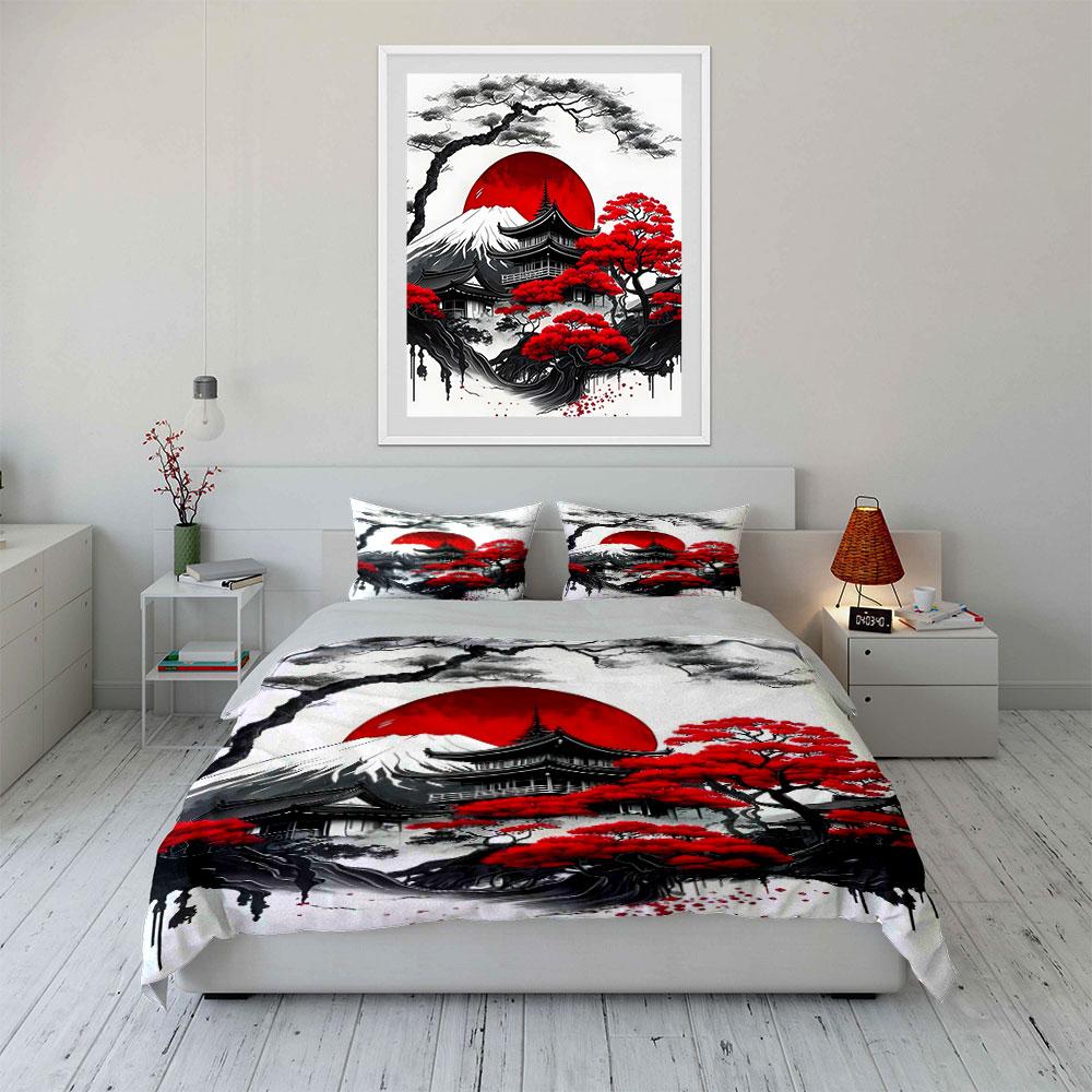 Red Sun, Snowy Peaks, Japanese Aesthetic Printed Duvet Cover Set1 Duvet Cover+2 Pillowcasemulti Size Bedroom Bedding Decor