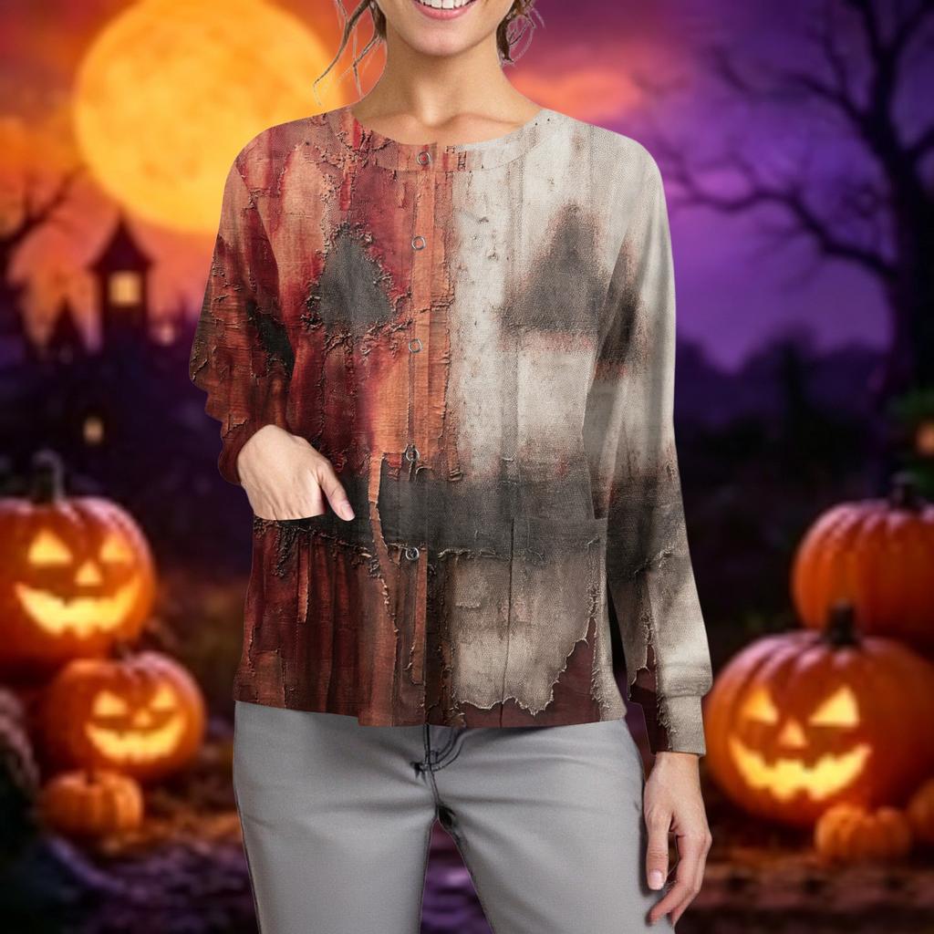 Women's Casual Long Sleeve Cardigan Button Down Lightweight Knit Halloween Printed Open Front Sweater Top for Caregivers and Everyday Wear