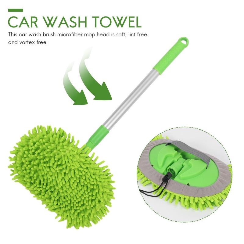 ABLZ-2 In 1 Car Wash Mop Mitt With Long Handle, Chenille Microfiber Car Wash Dust Brush Extension Pole 24-46In, Scratch Cleaning