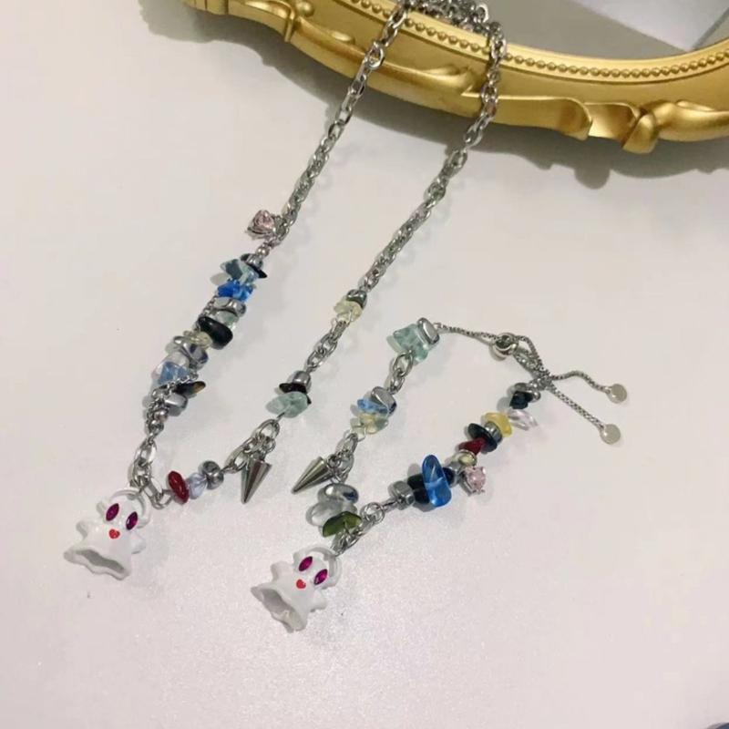 Adjustable Collarbone Chain Colorful Specter Pendant Necklace Stylish Beaded Bracelet Perfect for Fashion Enthusiasts