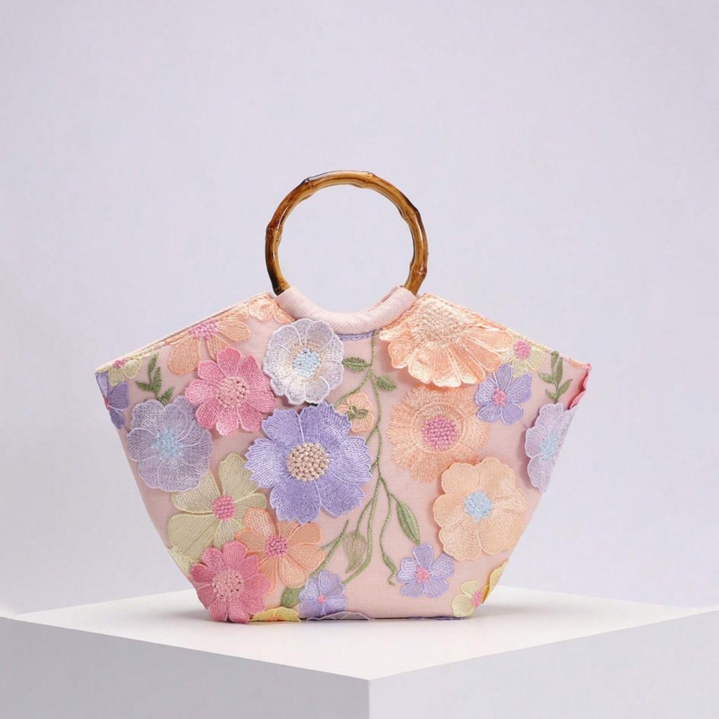 Beach Vacation Style Handbag With Embroidered Flowers And Sequins For Casual Day Use