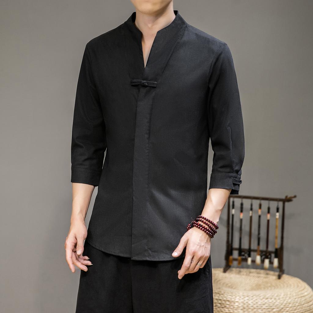 Mens Fashion V-Neck Shirt 2025 Men Harajuku Soild Color Shirts Male Casual Loose Retro Shirt Chinese Style Kimono Shirt