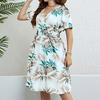 Plus Size Vintage V-Neck Short Sleeve Smocked Waist Slimming Retro Midi Dress for Women Casual Summer