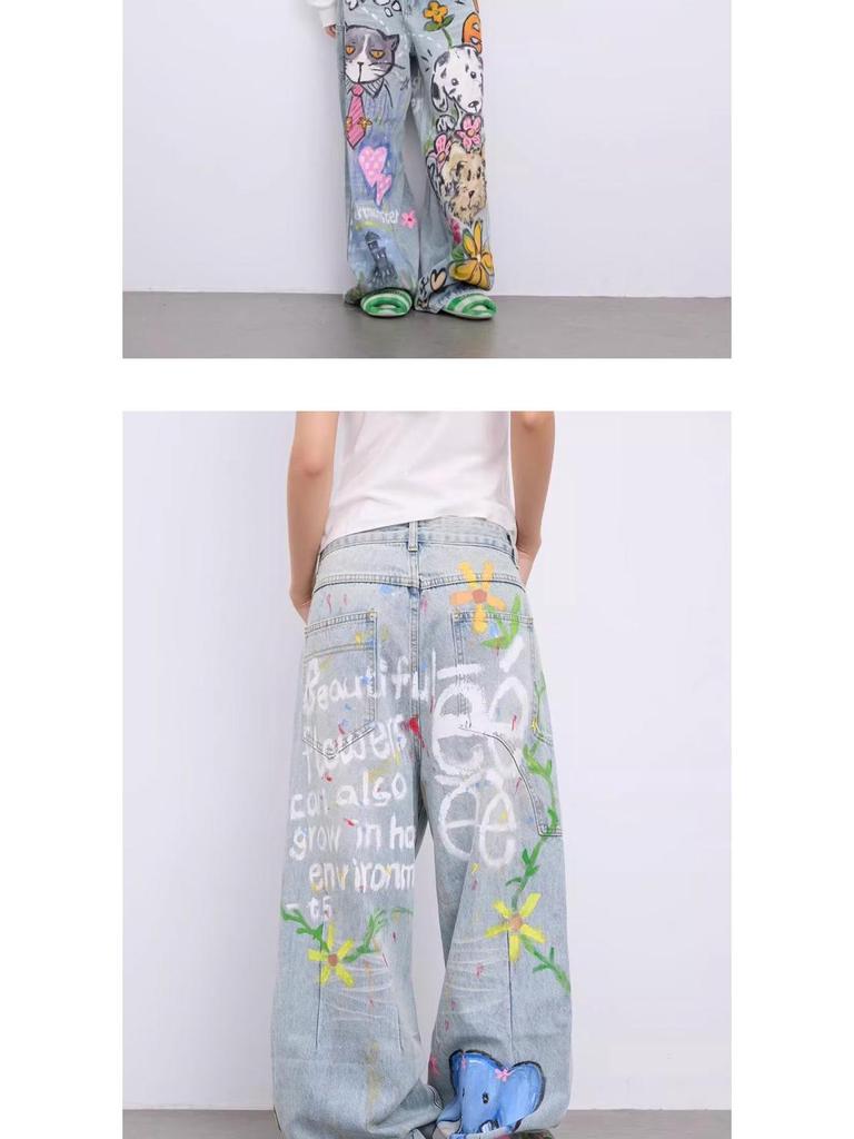 Men's Spring Retro Graffiti Print Wide-Leg Jeans: Casual, Cool, Loose-Fit