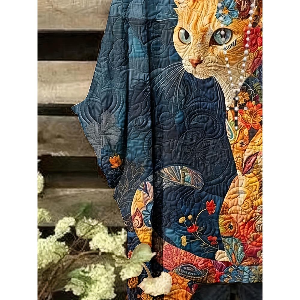 Elegant bohemian vacation style large size simple retro cat pattern print irregular hem crew neck T-shirt