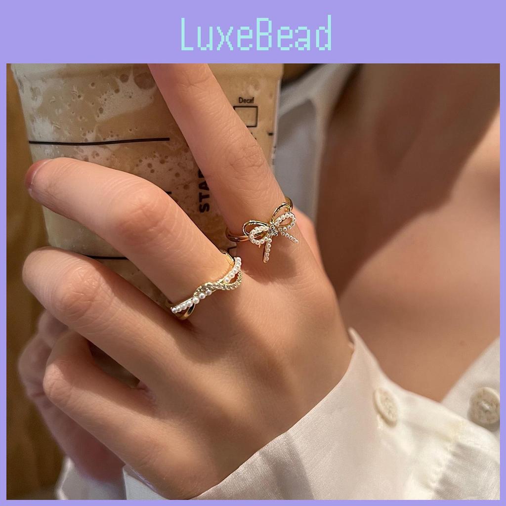 Elegant Pearl Bowknot Two-piece Set Of Open Ring For Women Deluxe Finger Ring