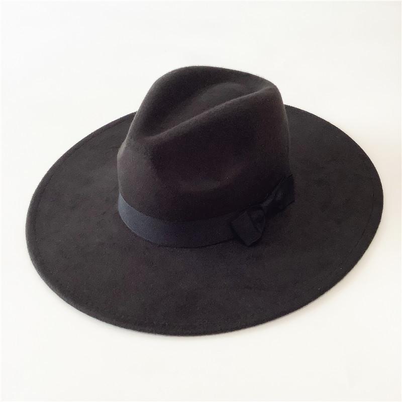 Black Jazz Hat Men's and Women's Fashion Webbing Bow Woolen Top Hat Autumn and Winter.cm Big Eaves Hat