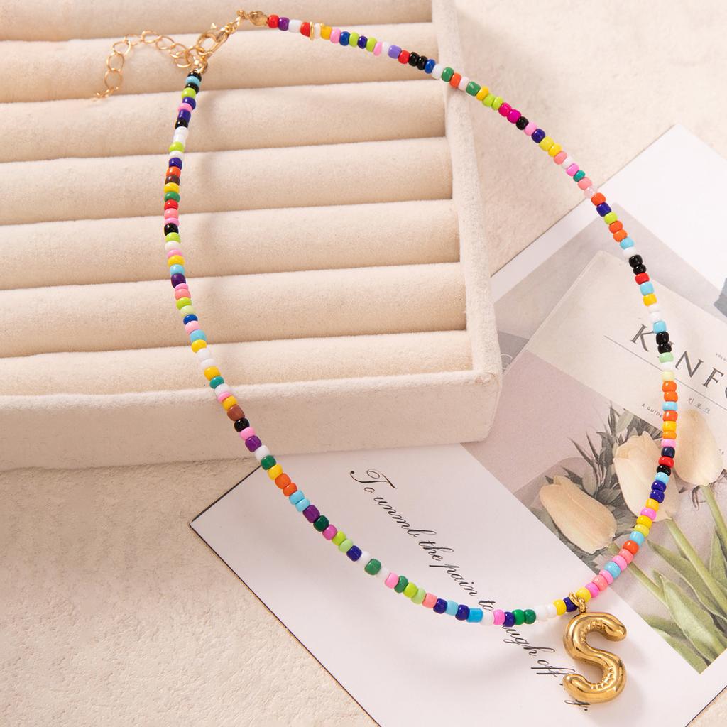 Bubble Alphabet Colored Rice Beads Handmade Beaded Delicate Beach Bohemian Necklace Collarbone Chain