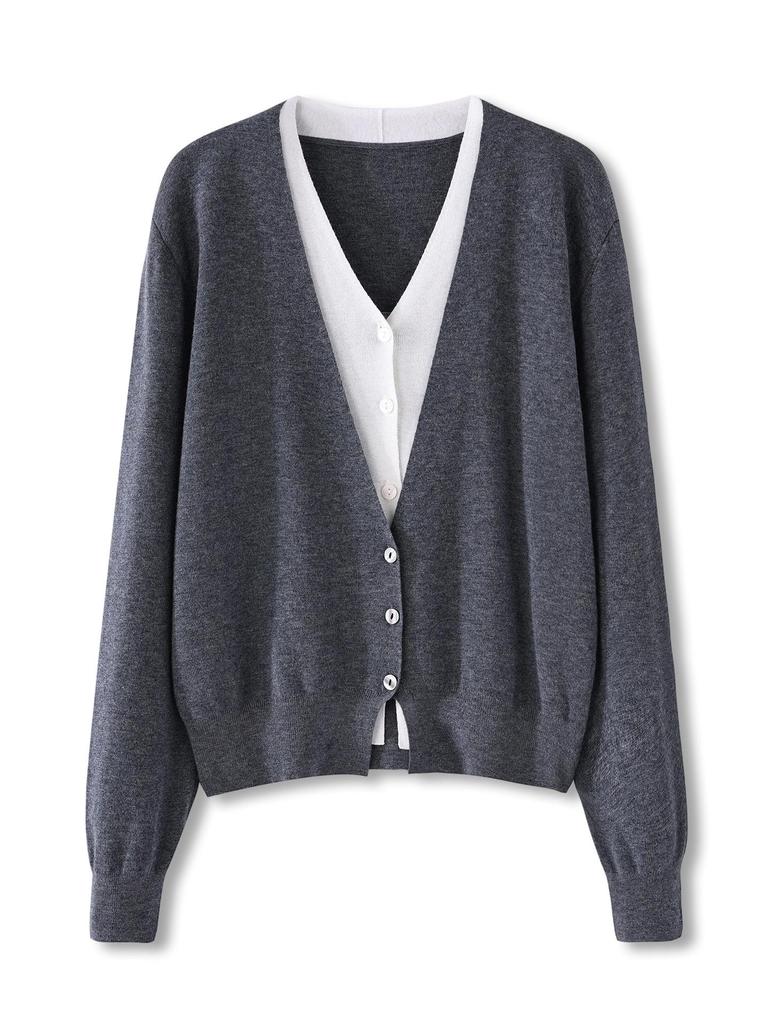 Women's 100% Wool V-Neck Two-Piece Cardigan Sweater – Autumn Loose Knit, Long Sleeve, Versatile Top