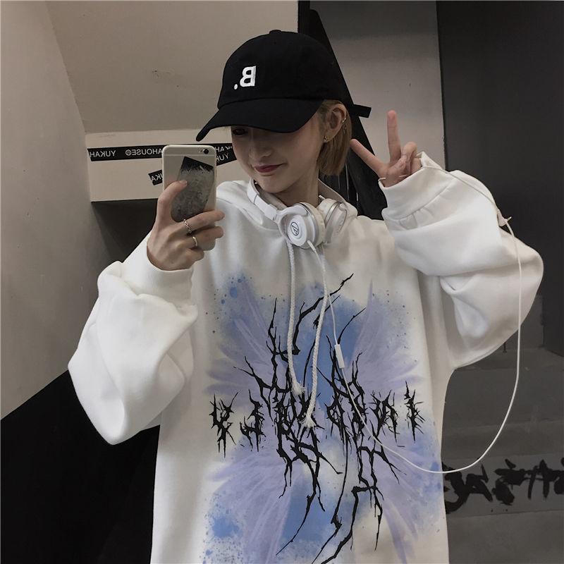 Diablo Graffiti Smiley Print Sweater Men's Street Fleece-lined Thickened Loose Plus Size Hip-Hop Autumn and Winter Jacket