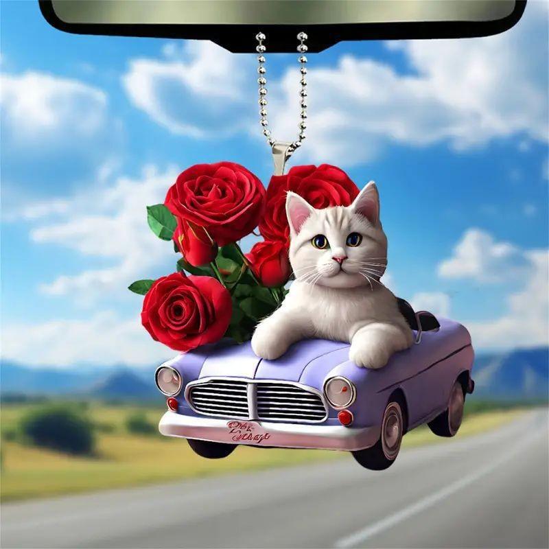 

Unique 2d Cartoon Cat And Rose Acrylic Car Rearview Mirror Pendant Decorative