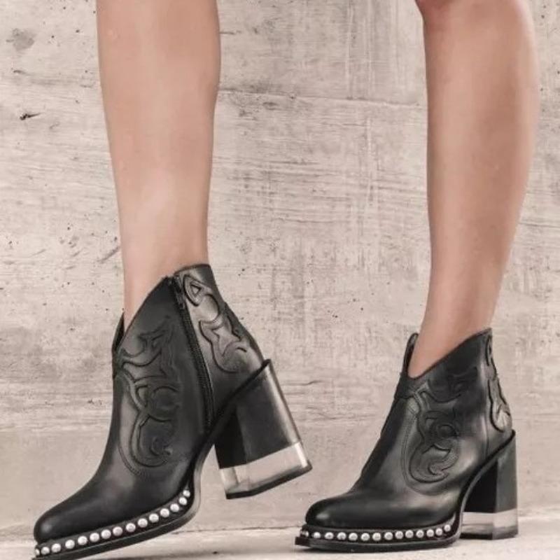 Modische Stiefel mit Stickerei, Große Größe, Damen-Knöchelhohe Stiefel mit Nietenrand und Acryl-Kristall-Akzenten