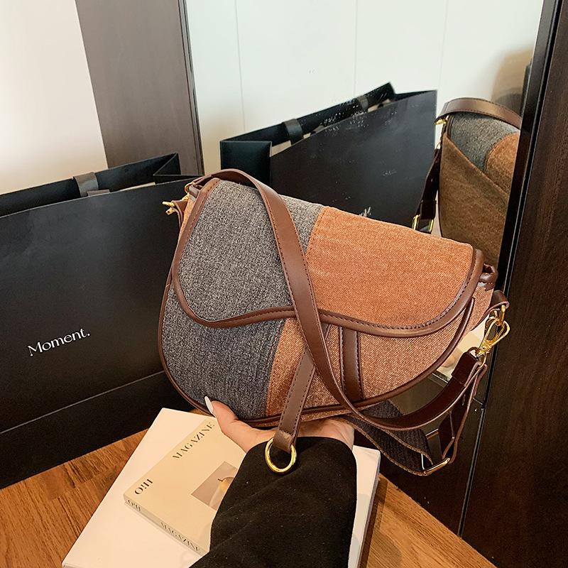 Bag women's bag new fashion often shoulder bag trendy texture messenger bag niche contrasting color splicing saddle bag