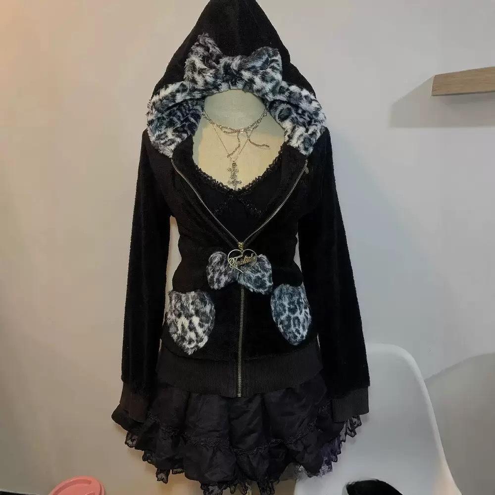 VAYLA Streetwear Y2K Dame Pullover Hettegenser Retro Harajuku Rosa Leopardtrykk Lappeteppe Genser Mote Trend Sportsklær Hettegenser Topp