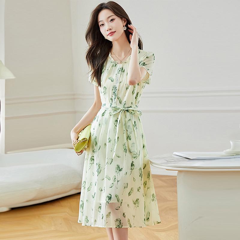 2026 Summer Silk Goddess Style Printed Short-Sleeve Loose Dress for Women