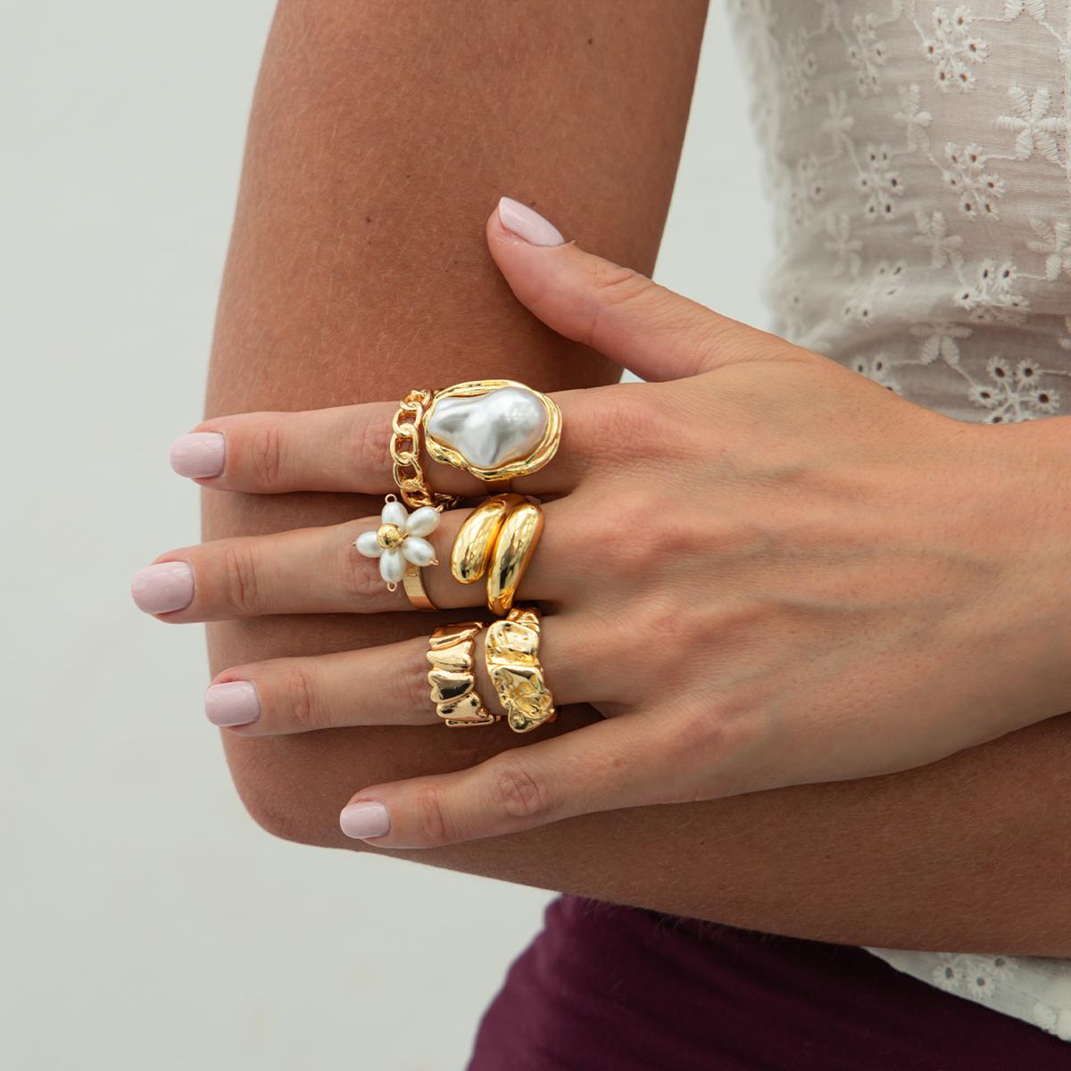 

Ingemark 6 Pcs/Set Vintage Elegant Open Rings Women Exquisite Imitation Pearl Flowers Thick Chunky Ring Wedding Banquet Jewelry
