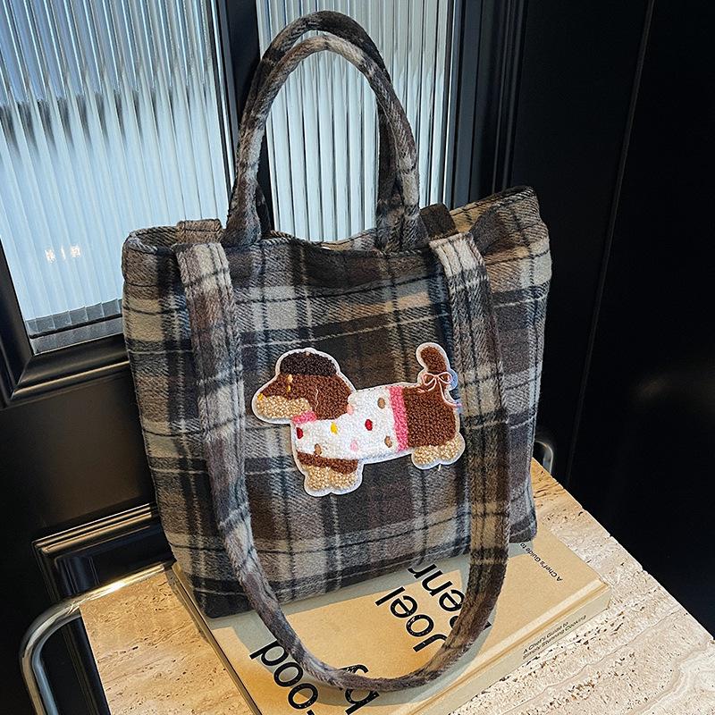 Herbst und Winter Wollkarierte Tasche Damen Neue Cartoon-Welpen-Einkaufstasche Lässige Schultertasche mit großer Kapazität Damen