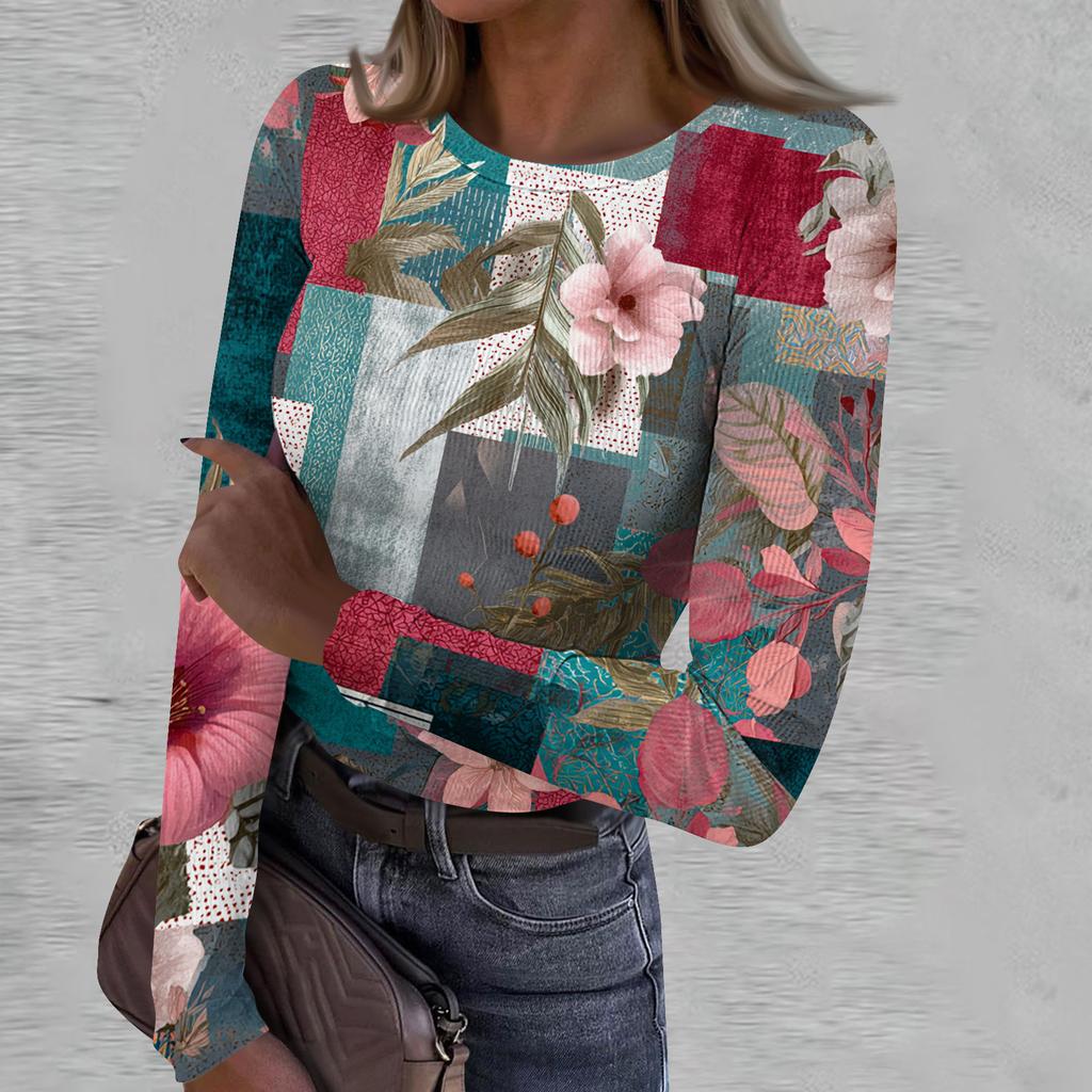 Women's Casual Fashion Round Neck Retro Print Long Sleeve Ribbed Top