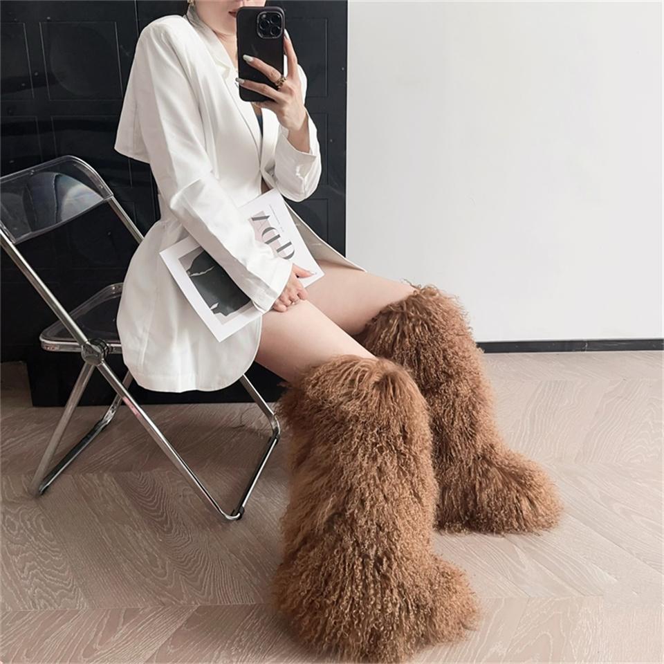 Winte Mongolian Wool Snow Boots Real Long Boots Warm Plush Platform Knee-High Boot Outdoor Furry Cute Over-The-Knee Girls Boots