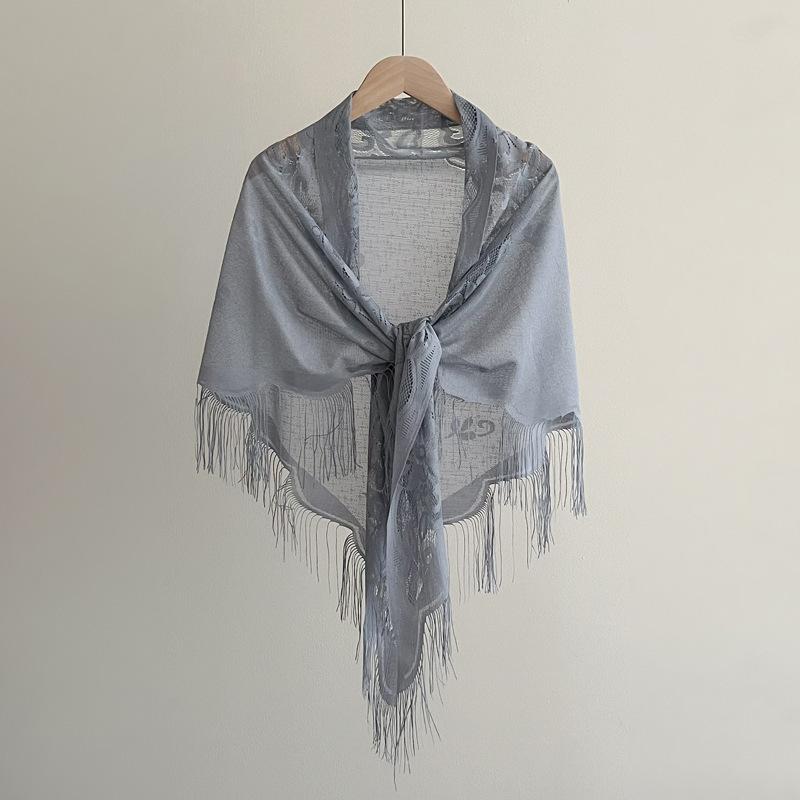 Solid Color Tassel Lace Wave Edge Triangle Shawl For Women