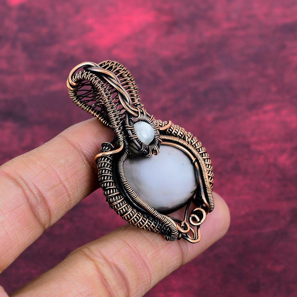 Black Mother Of Pearl Gemstone Pendant Copper Wire Wrapped Rainbow Moonstone Jewelry