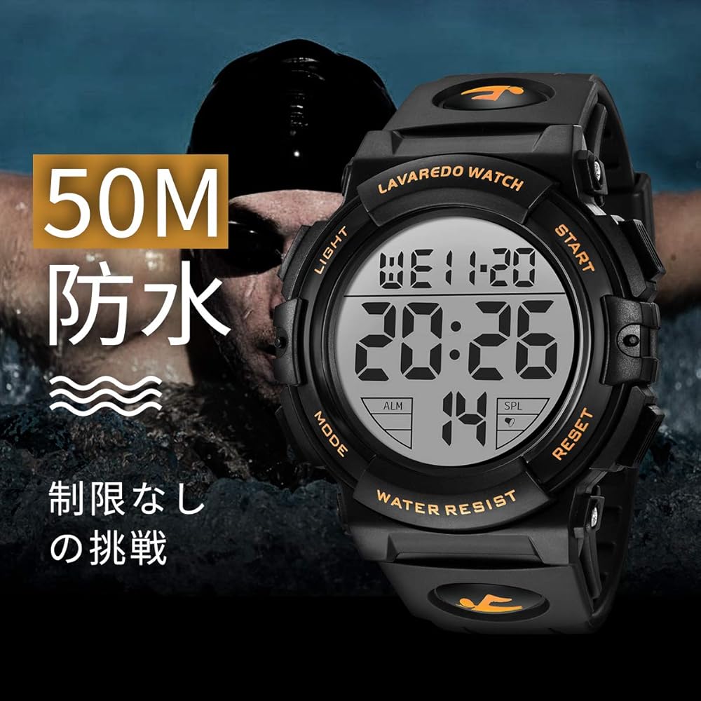 Senors Men's Digital Sports Watch 50m Waterproof Multi-Function LED Display Outdoor Watch Gold