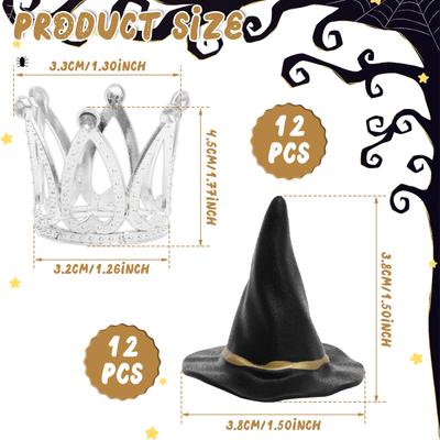 24Pcs Witch Hat and Crown Cake Topper Halloween Party Decor Birthday Cupcake Favors Silver Crown Decor Princess Cake Accessory