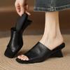 Women Soft Leather Sandals Slippers Summer Square Toe Open Toe Flip Flops Special Shaped Wedge Heels Shoes