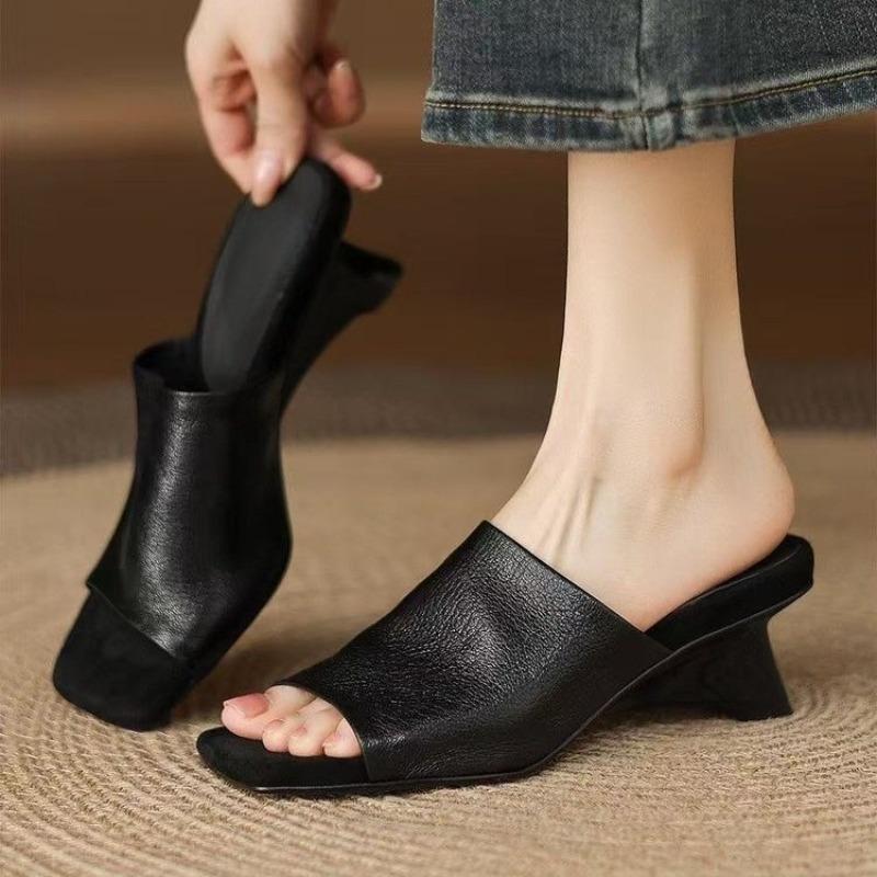 Women Soft Leather Sandals Slippers Summer Square Toe Open Toe Flip Flops Special Shaped Wedge Heels Shoes